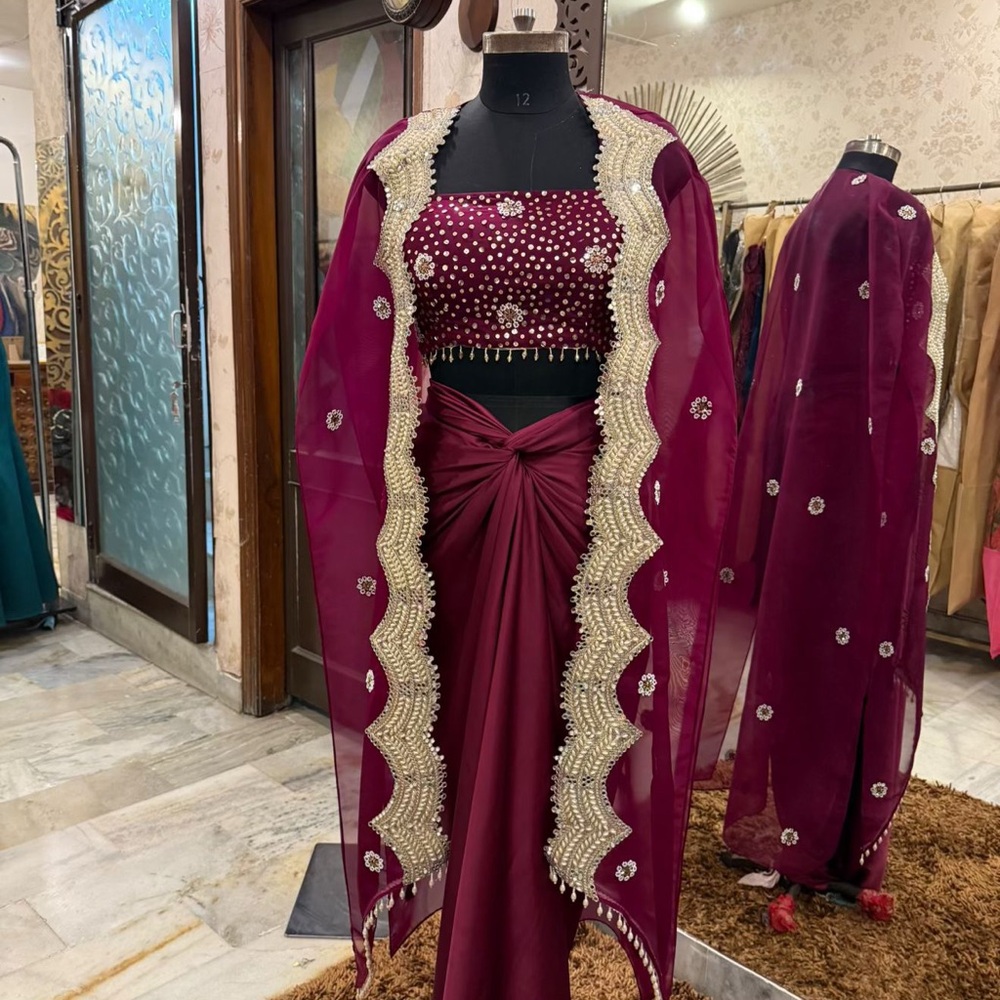 Elegant Dark Plum Embellished Blouse and Cape with Satin Skirt